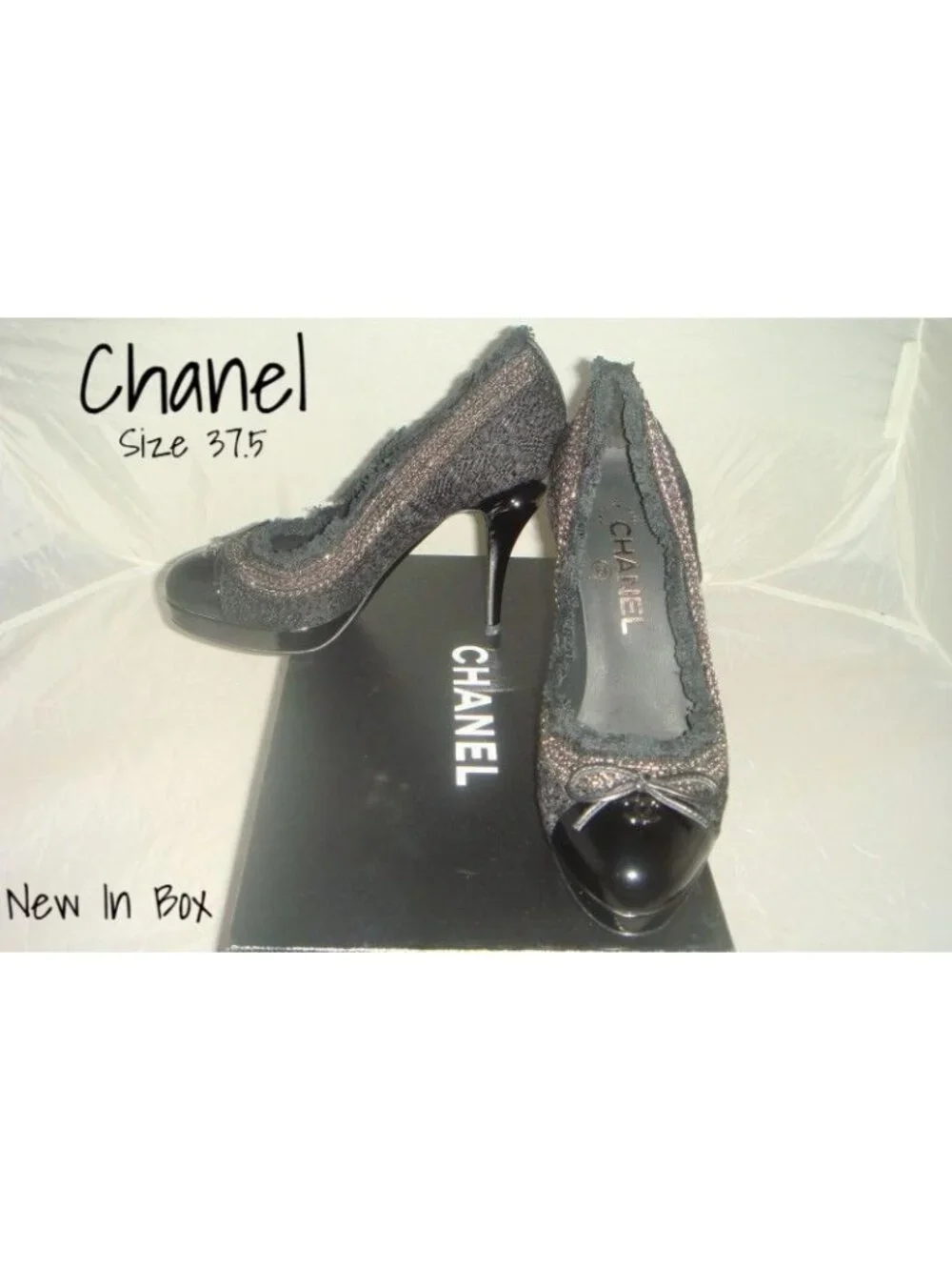 Chanel Black Tweedy Interlocking CC Logo Platform Pumps Size 37.5 New In Box